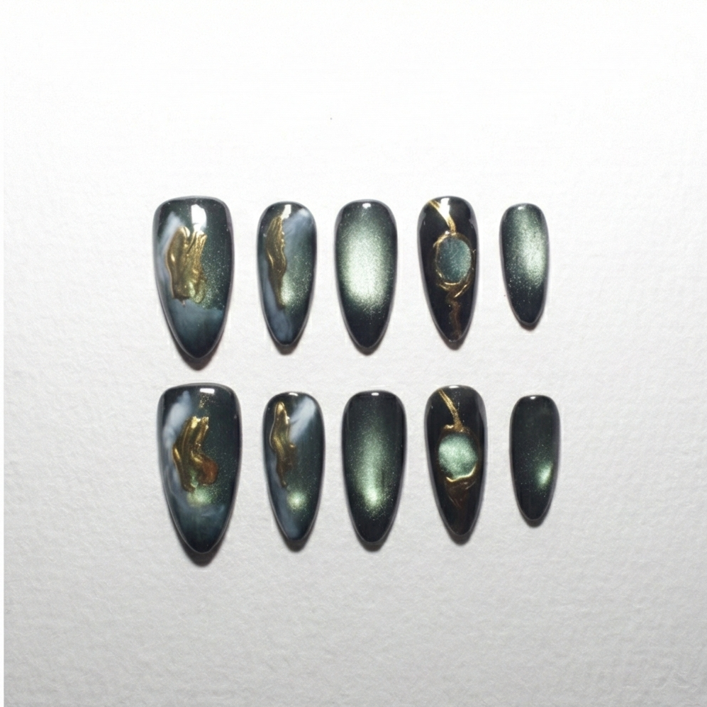 Midnight Jade | Handmade Press on Nails | Cat Eye – Azure Press On Nails